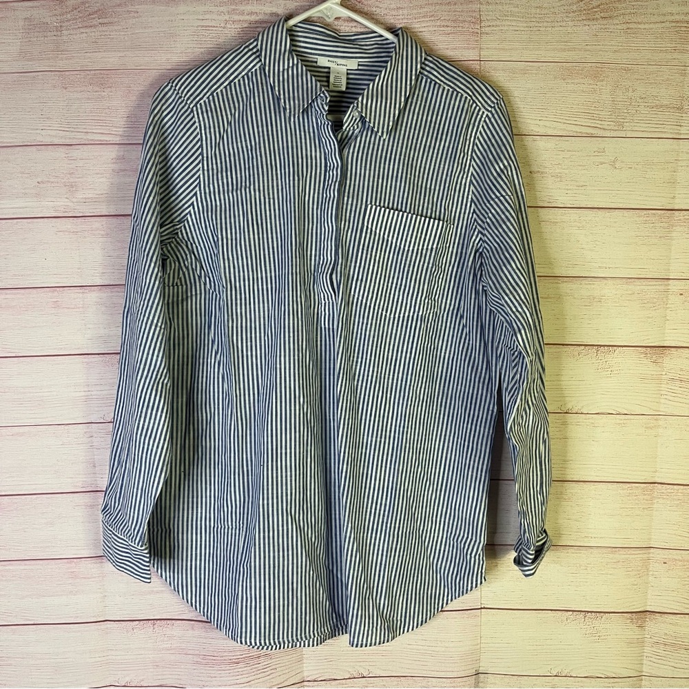Daily Ritual 100% Cotton 3/4” Striped Button Long Sleeve Pullover Top Size Med